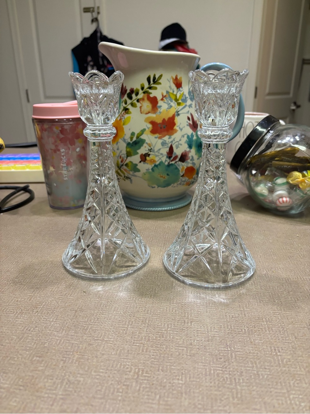 Crystal-Style Clear Glass Candlestick Holders - Set of 2